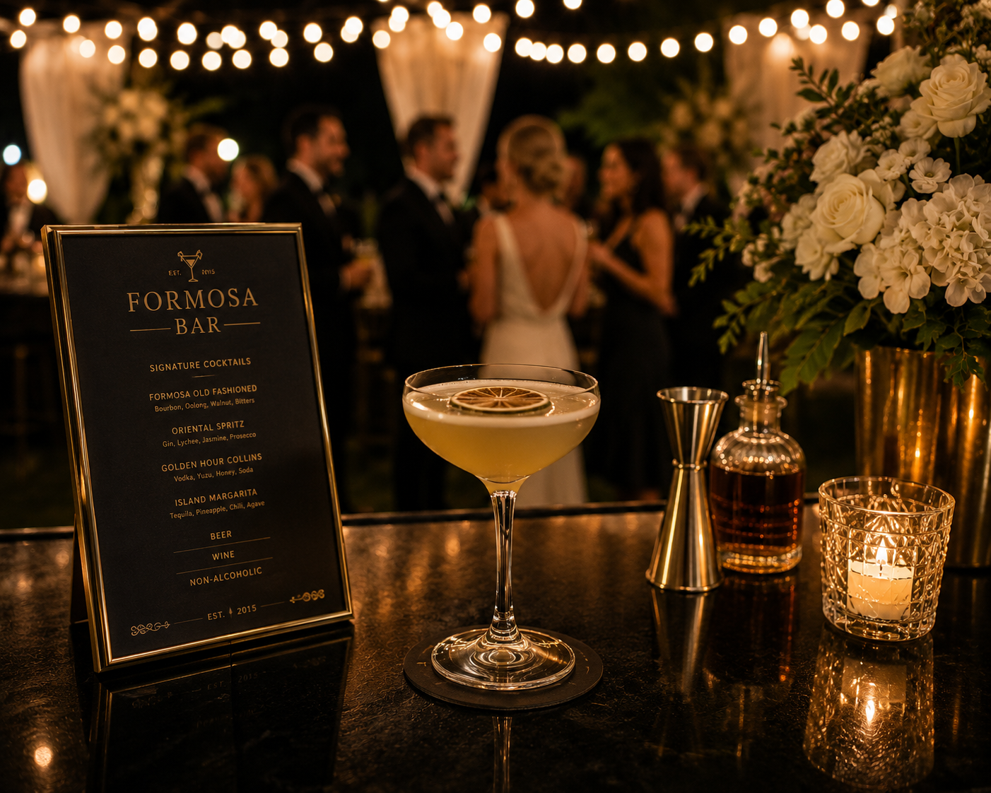 Luxury wedding bar service setup at Savannah wedding reception with champagne tower and signature cocktails