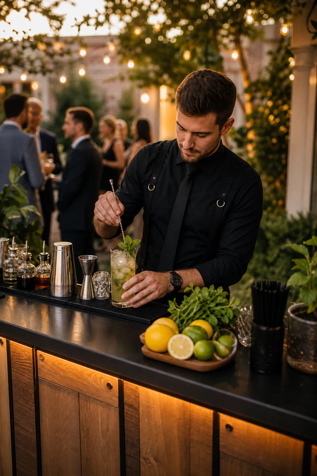 Professional bartender preparing cocktails at a private event mobile bar in Savannah, GA