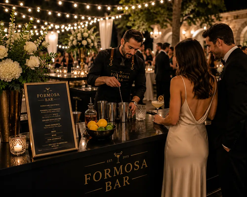 Luxury wedding bar service setup at Savannah wedding reception with champagne tower and signature cocktails