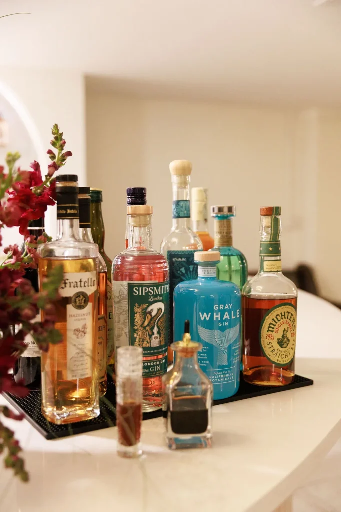 Mobile bar bottle setup prepared for cocktail service