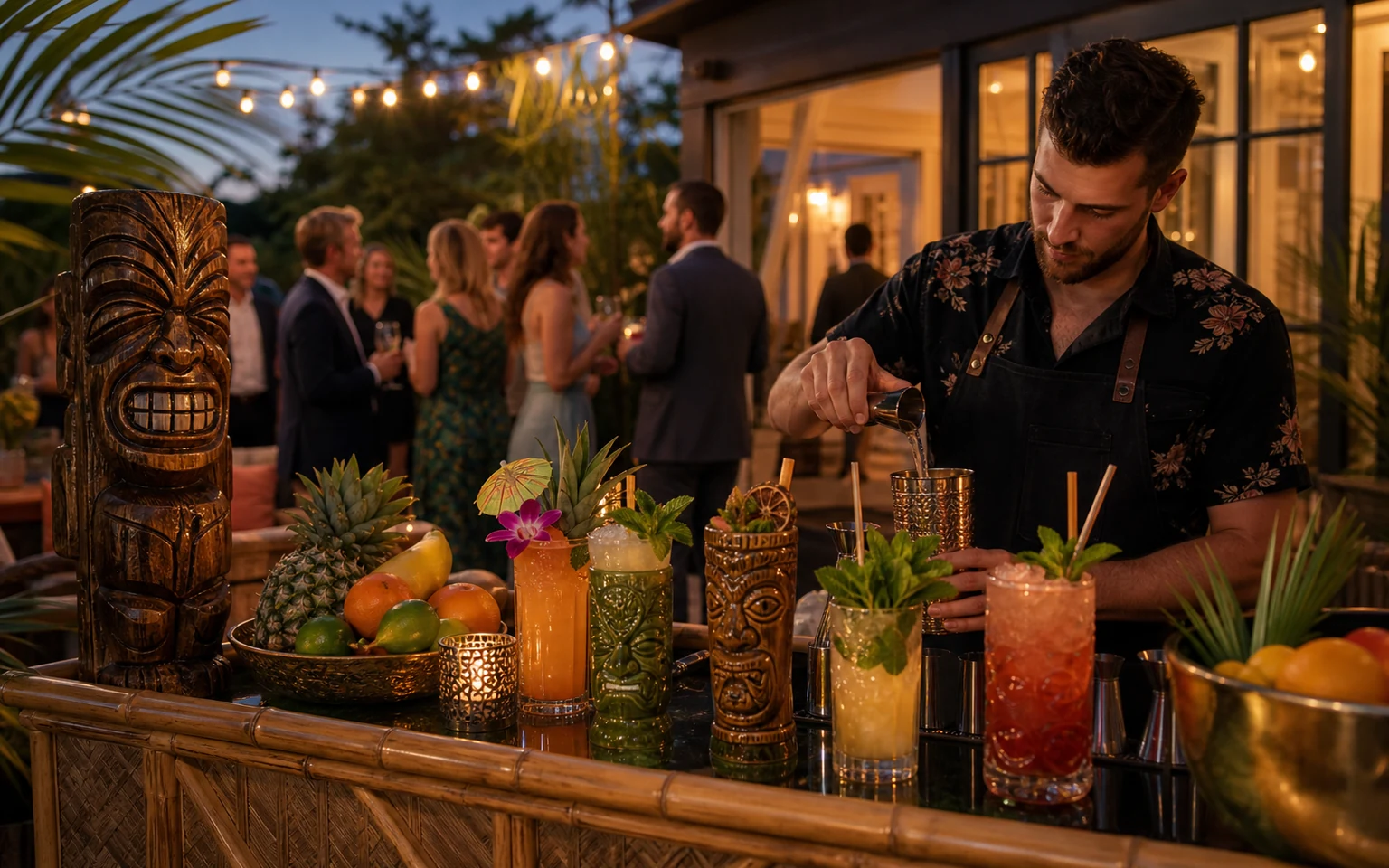 Tiki bar station with tropical cocktails for a private event by Formosa Bar