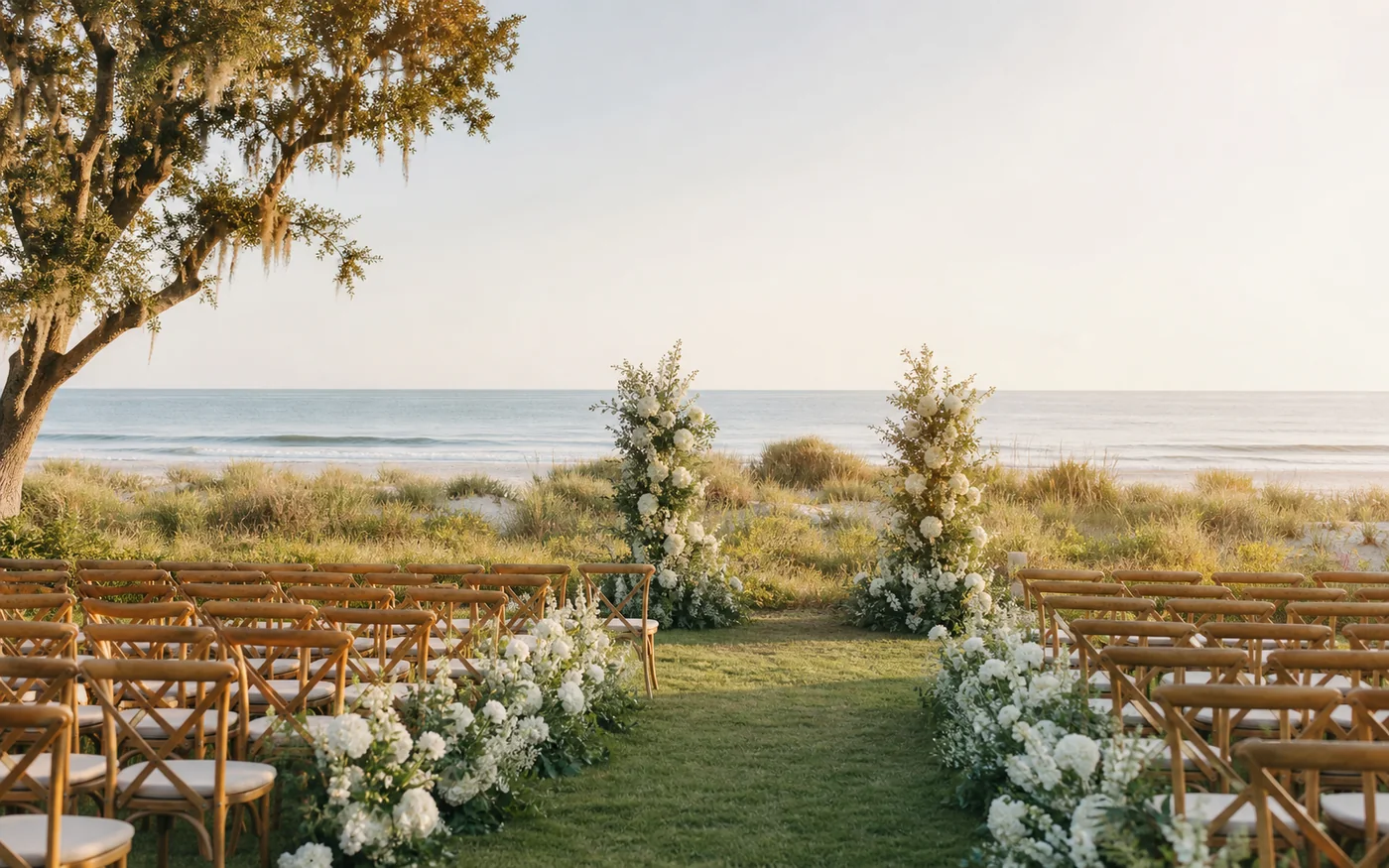 Savannah coastal island outdoor wedding venue with ocean ceremony setup