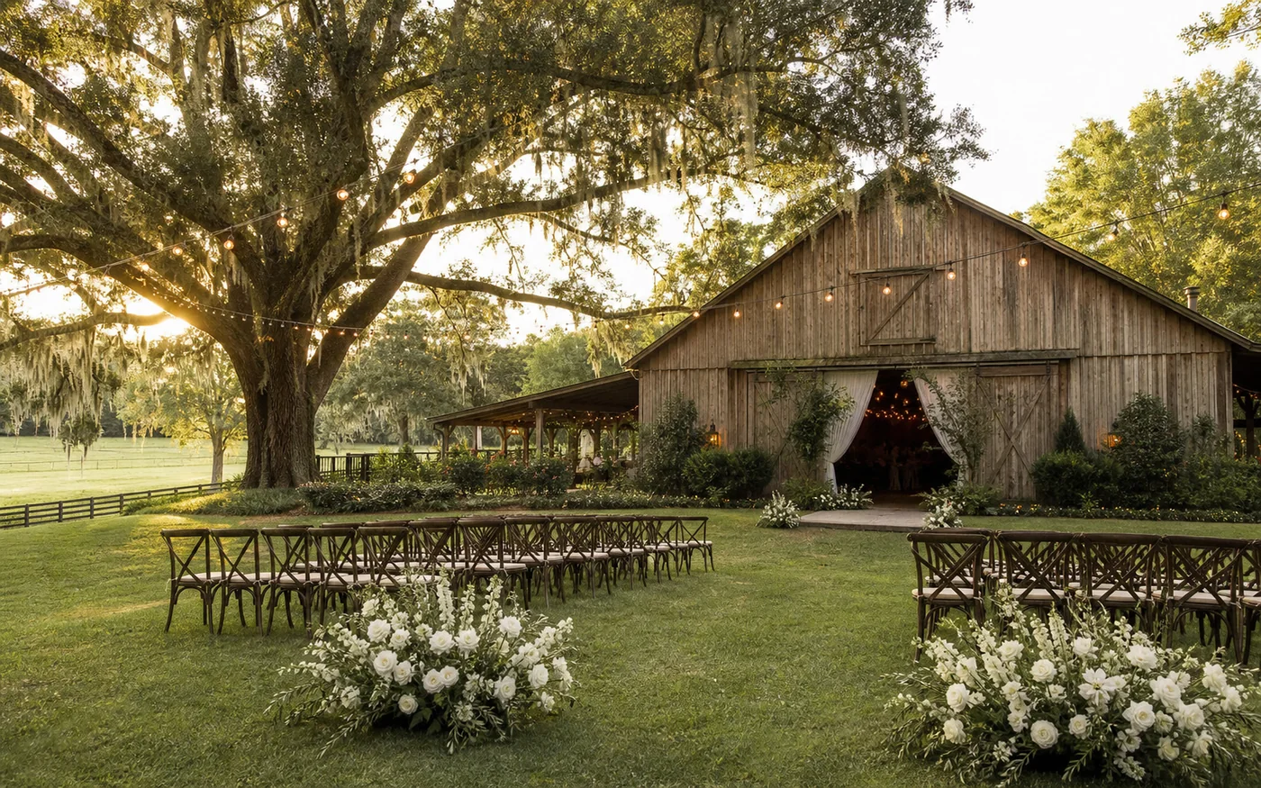 Savannah farm barn outdoor wedding venue with rustic barn and ceremony seating
