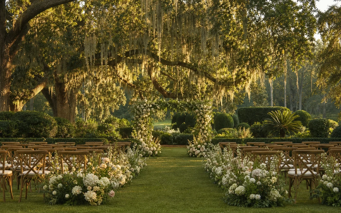 Savannah garden botanical outdoor wedding venue with live oaks and ceremony seating