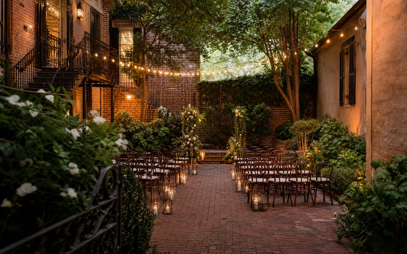 Savannah historic courtyard outdoor wedding venue with brick garden ceremony setup