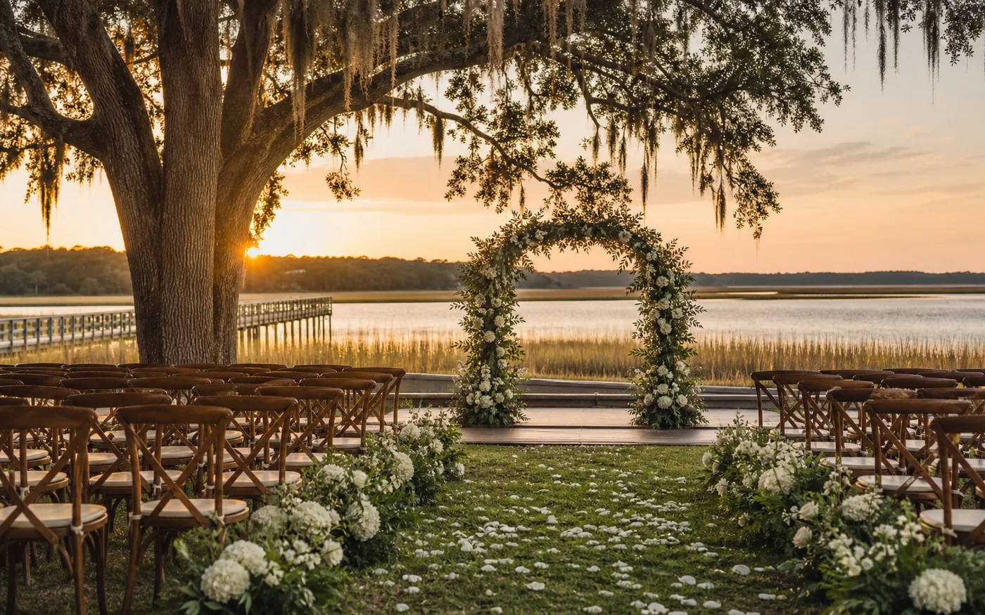 Savannah marsh river lakeside outdoor wedding venue at golden hour