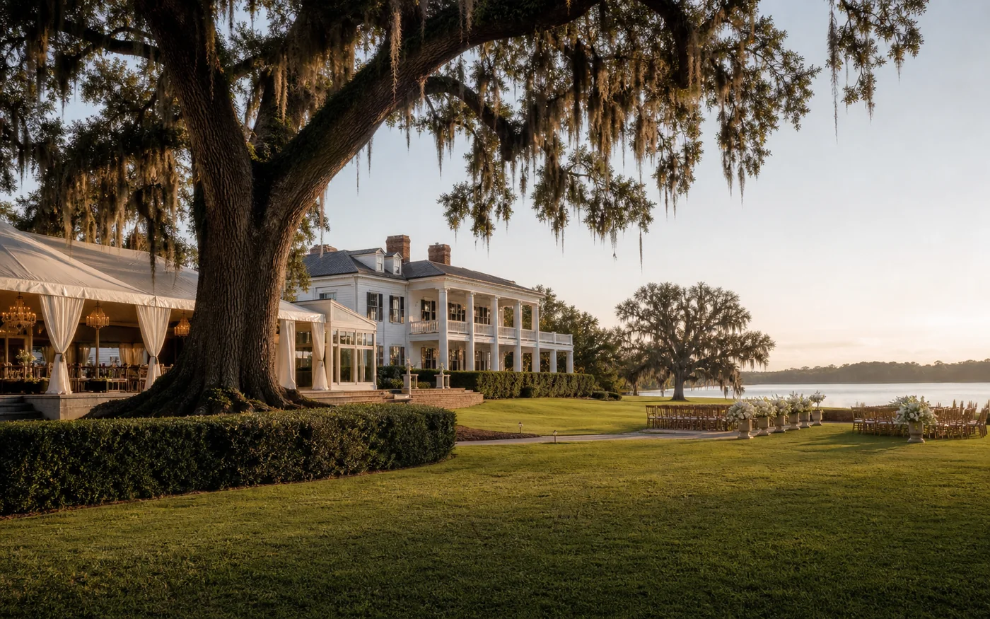 Savannah private estate manor outdoor wedding venue with open lawn and waterfront views