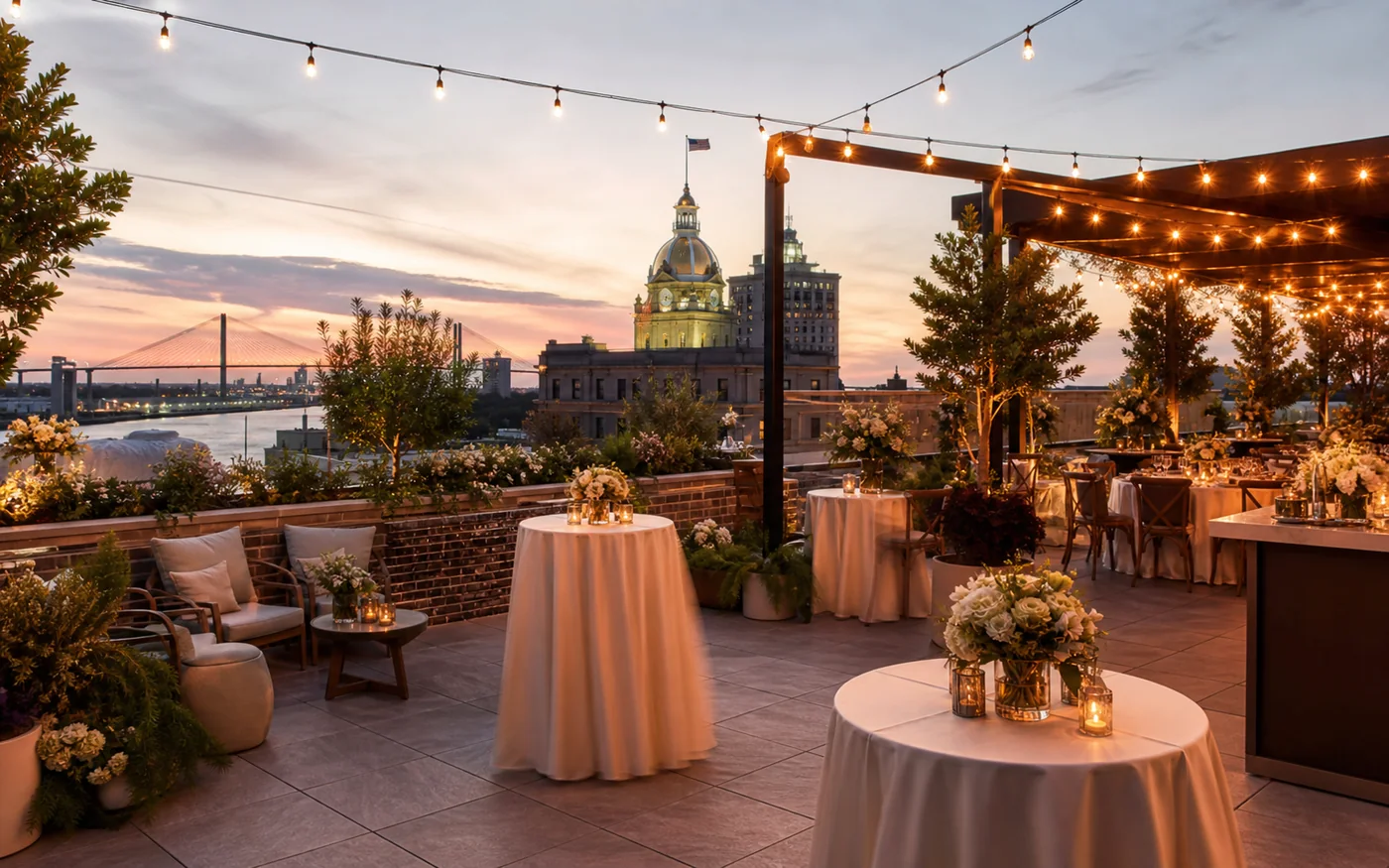 Savannah rooftop open air urban wedding venue with city and river views