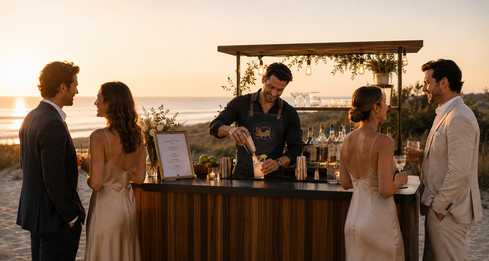 Formosa Bar mobile wedding bar with bartender serving guests at a coastal wedding