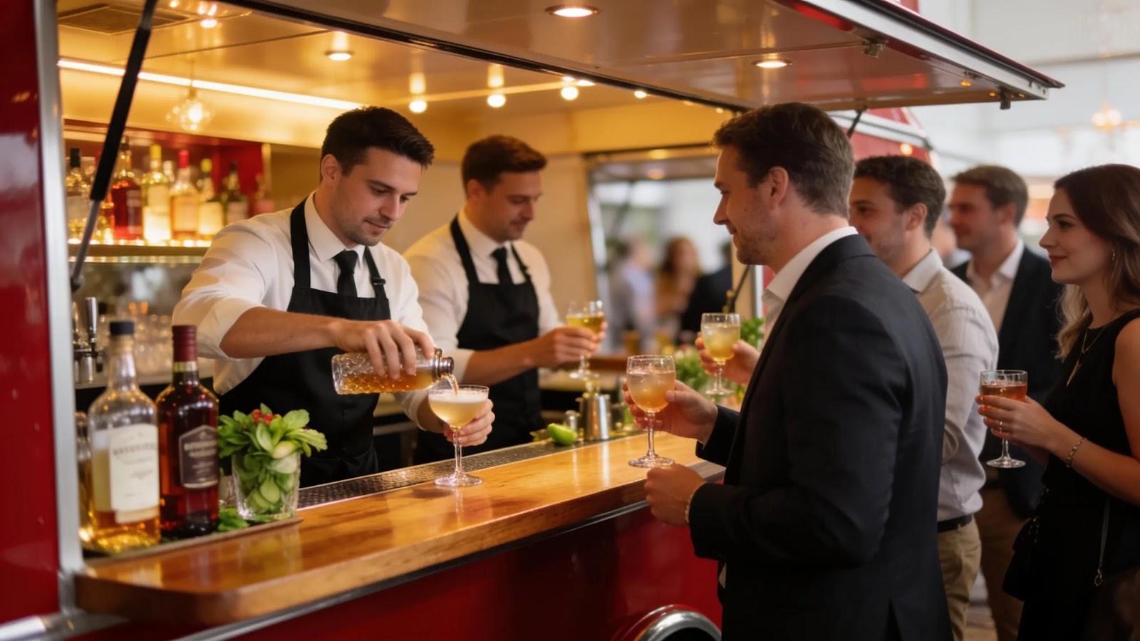 Guests enjoying drinks and networking at a mobile bar during a corporate event