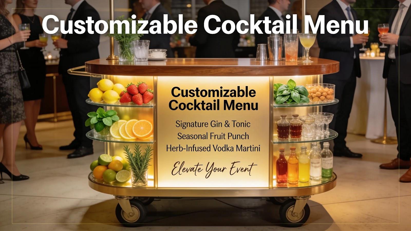 Customizable mobile bar showcasing a variety of cocktail ingredients at a corporate event