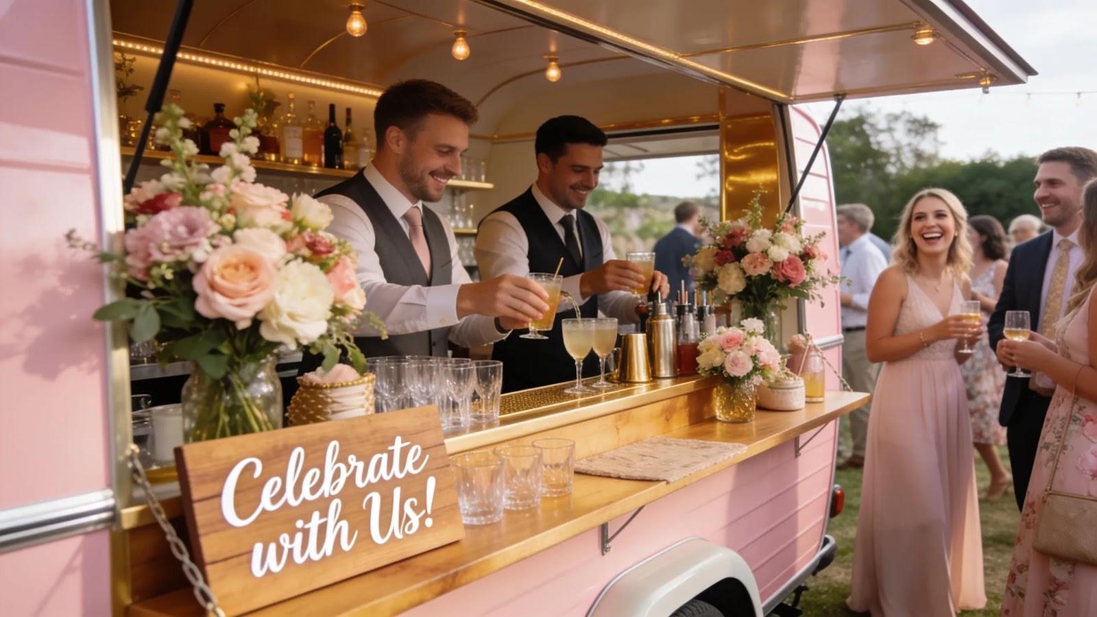 Customized mobile bar at a Savannah wedding with themed decorations and professional bartenders